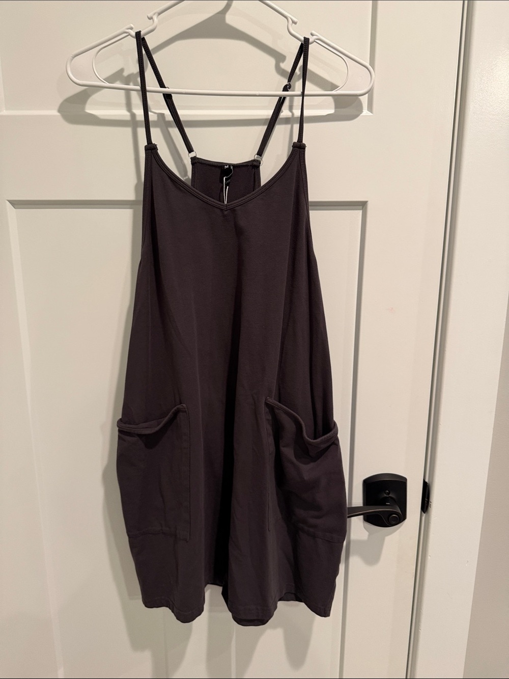 Sleeveless dark grey Pocket Romper with Adjustable Straps